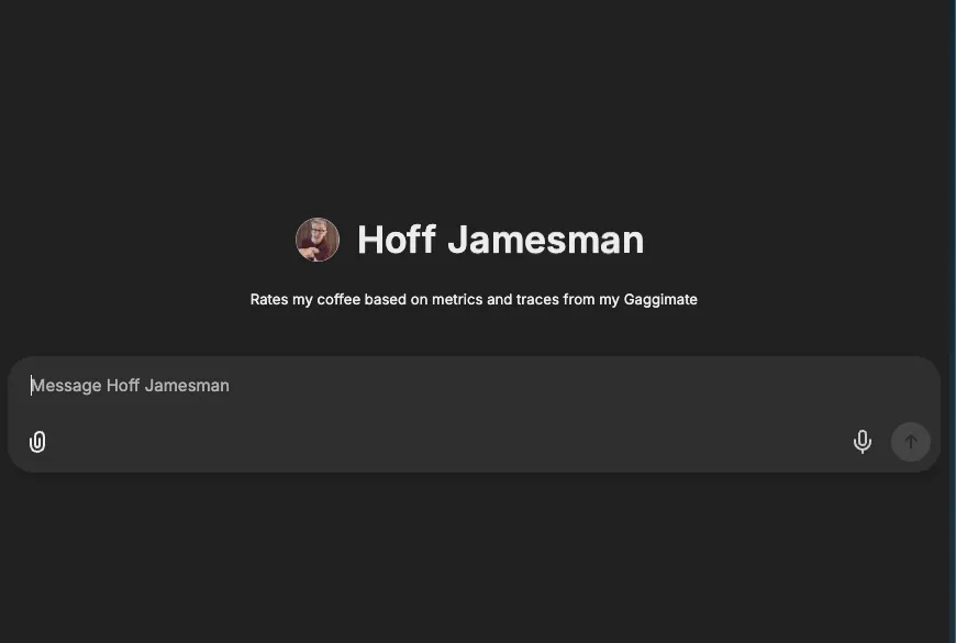 LibreChat chat screen for the Hoff Jamesman agent, "Rates my coffee based on metrics and traces from my Gaggimate", with an empty message box ready for a shot to analyse