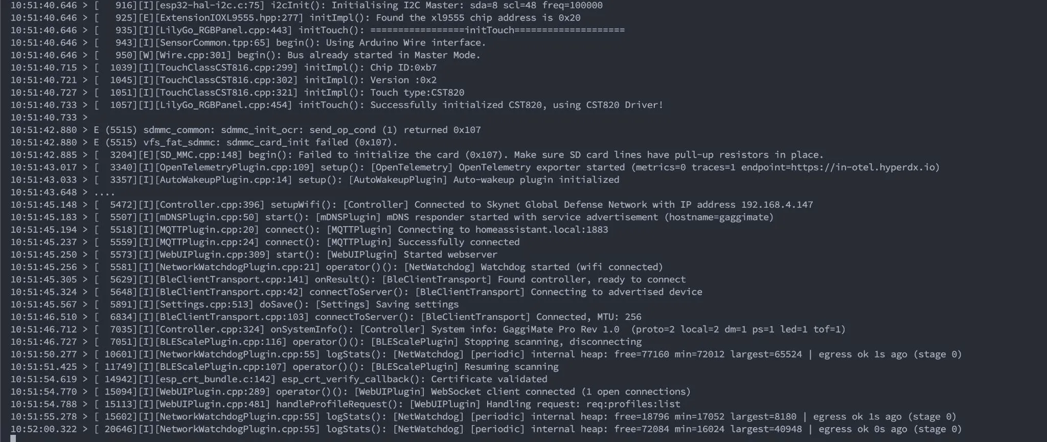 Serial boot log showing the OpenTelemetry plugin starting and the exporter coming up with metrics=1 traces=1 once WiFi connects