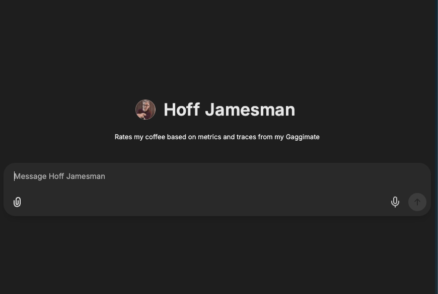 LibreChat chat screen for the Hoff Jamesman agent, "Rates my coffee based on metrics and traces from my Gaggimate", with an empty message box ready for a shot to analyse