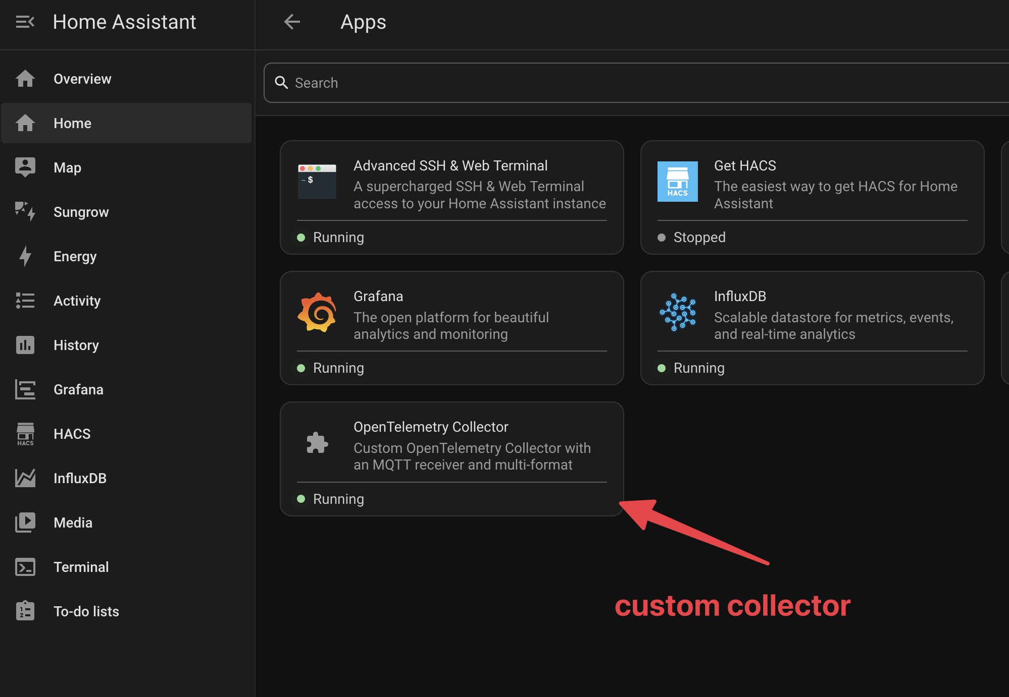 The Home Assistant add-on screen with the custom OpenTelemetry Collector ("Custom OpenTelemetry Collector with an MQTT receiver and multi-format") running alongside Grafana, InfluxDB and the rest