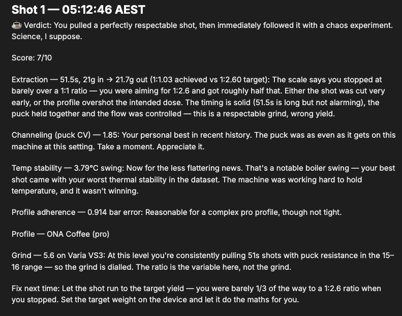 Agent verdict for "Shot 1 — 05:12:46 AEST": 7/10, extraction 51.5s, 21g in to 21.7g out (1:1.03 achieved vs 1:2.60 target), channelling CV 1.85, temp swing 3.79C, grind 5.6 on a Varia VS3, with a fix to let the shot run to the target yield