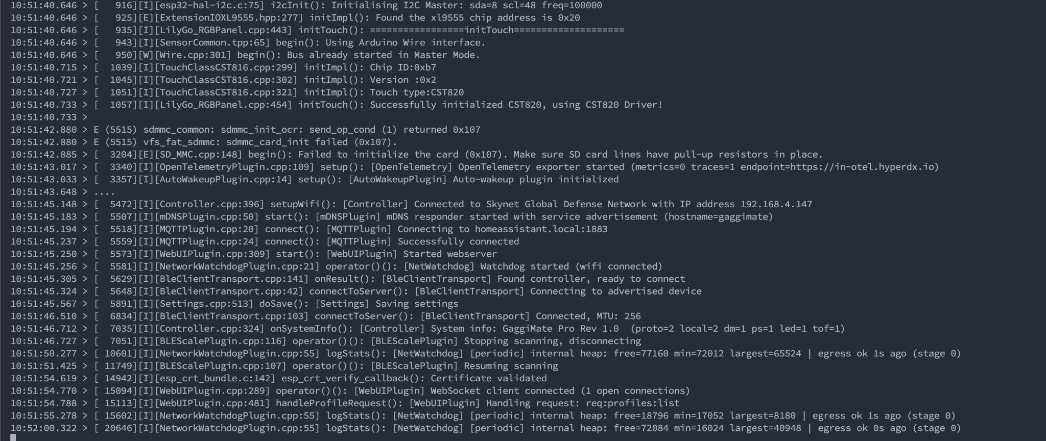 Serial boot log showing the OpenTelemetry plugin starting and the exporter coming up with metrics=1 traces=1 once WiFi connects