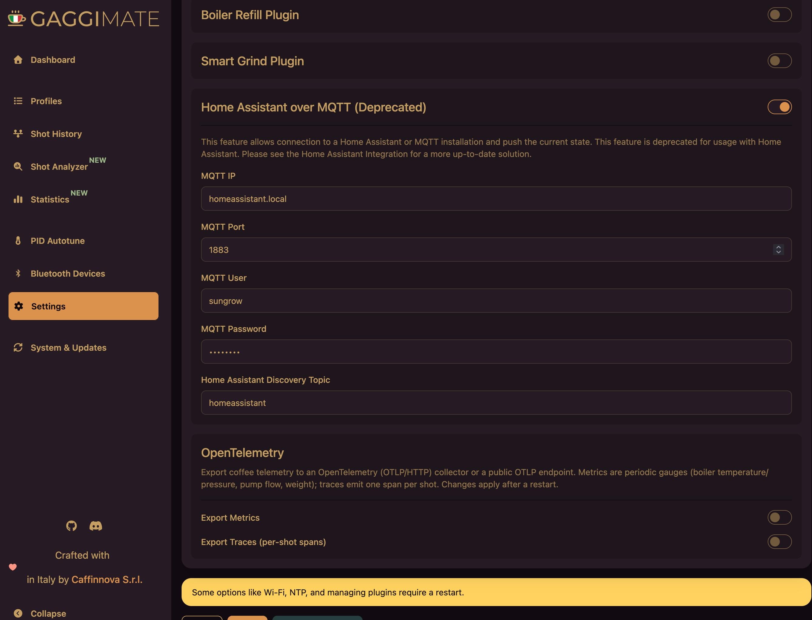 GaggiMate settings page with the OpenTelemetry section: toggles to export metrics and per-shot trace spans