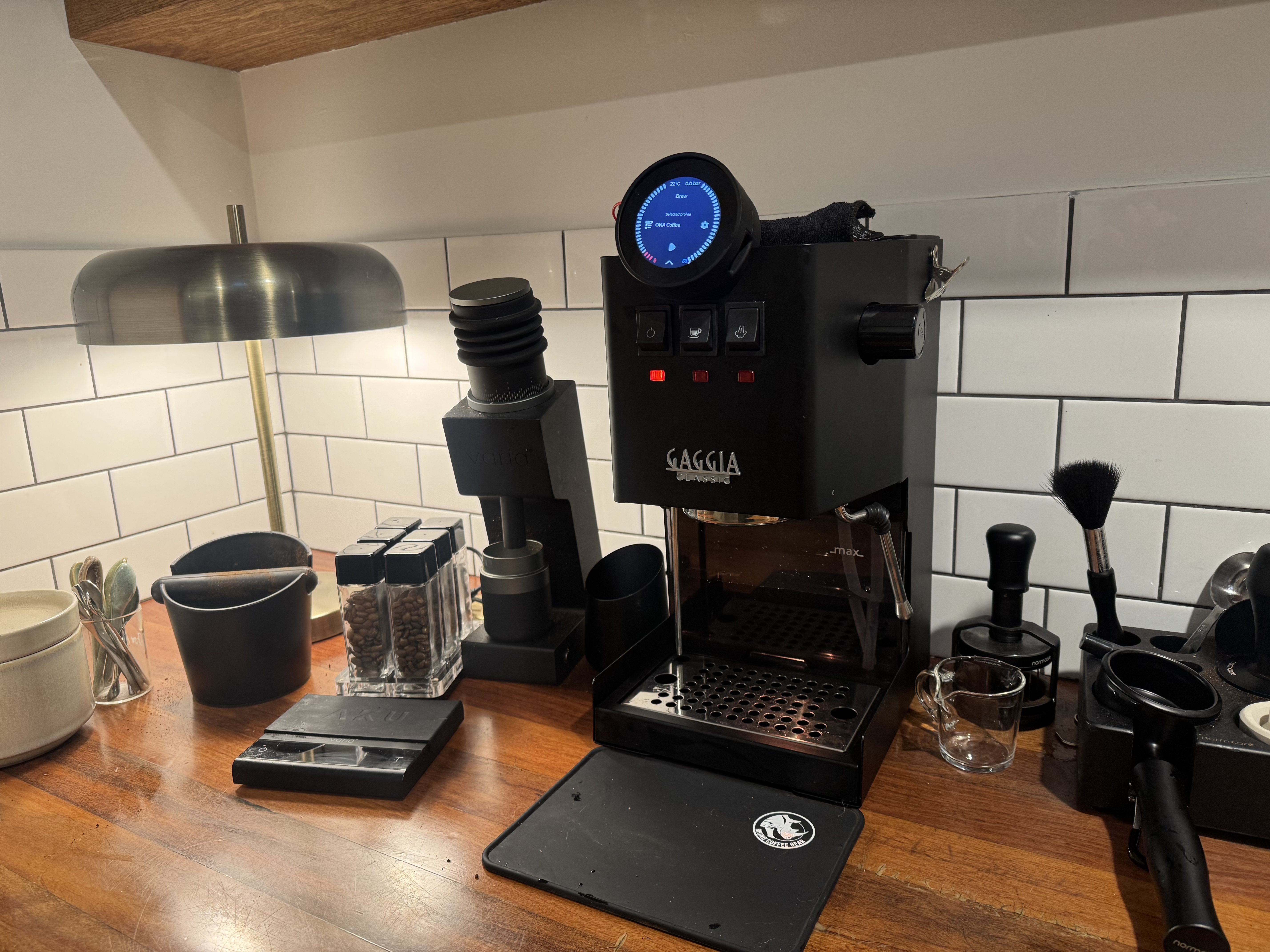 The setup: a Gaggia espresso machine with the GaggiMate ESP32 controller wired in, the thing that all of this telemetry comes out of